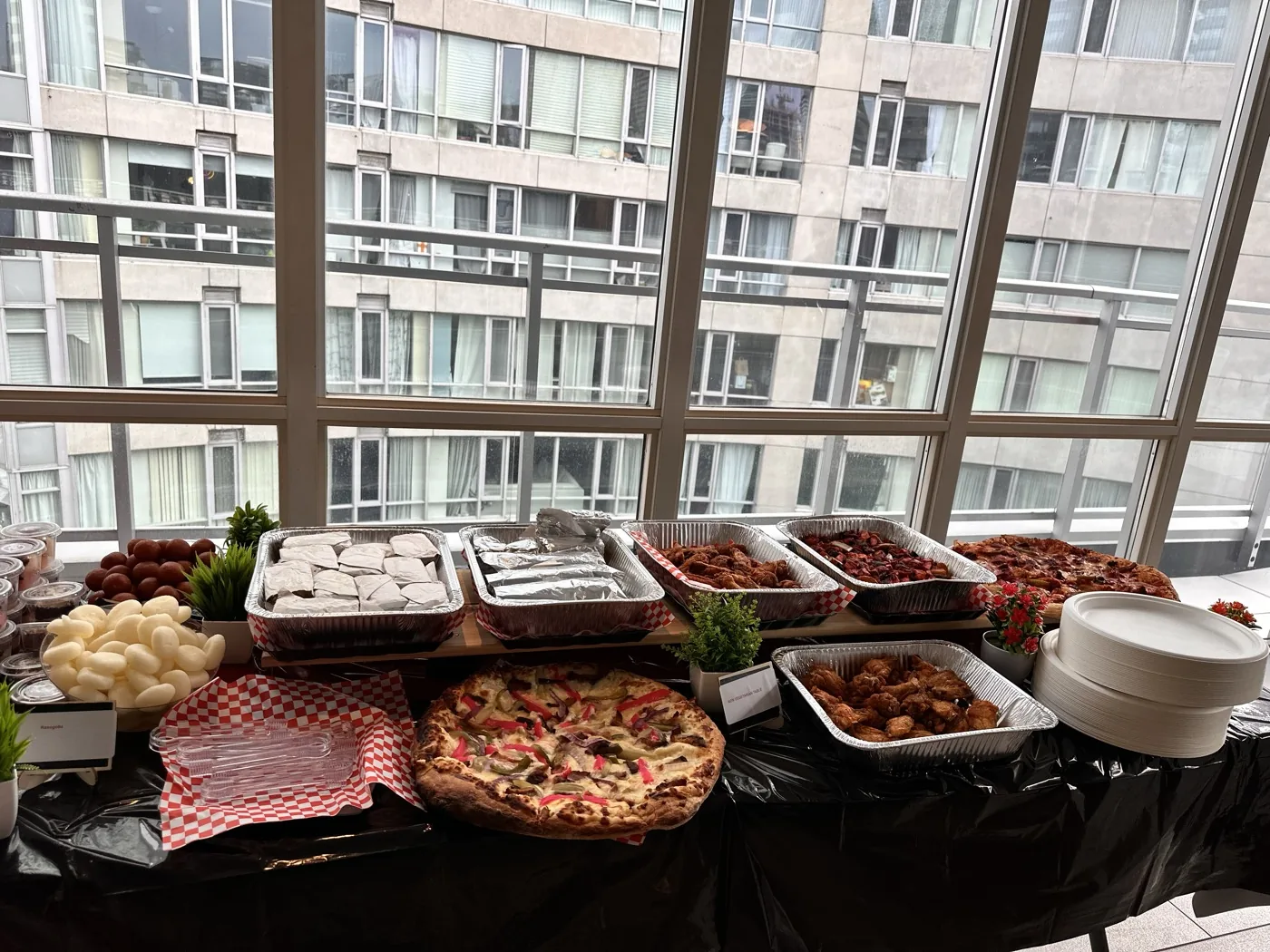 What the platters are made of: a wrap, a burger, a pizza and a rice bowl