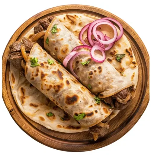 Kathi Roll Chicken — Charbroiled chicken with onion and lime in a paratha wrap