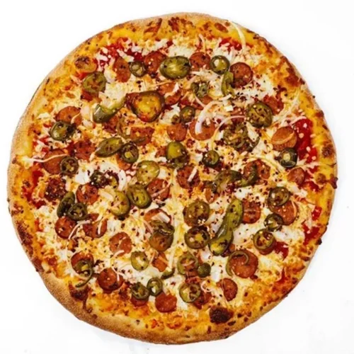 Fiery Dragon — Chorizo, onion, jalapeño, chili flakes, and mozzarella on tomato sauce