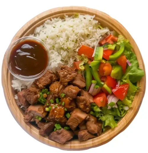Jerk Chicken Rice Bowl — Fragrant lemon rice with jerk chicken, fresh veggies, salad, and jerk mayo