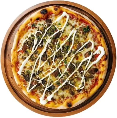 Rainbow Valley — Baked potato, eggplant, zucchini, caramelized onions, mozzarella, and sour cream on pesto sauce