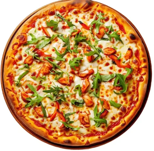 Trip to Taj Mahal — Tandoori chicken with green peppers, red onion, and mozzarella on butter cream sauce, finished with